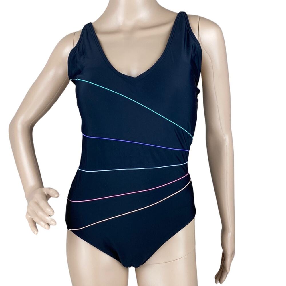 New Miss Adola Women's Black Stripes V-Neck Padded Bra One Piece Swimsuit 10